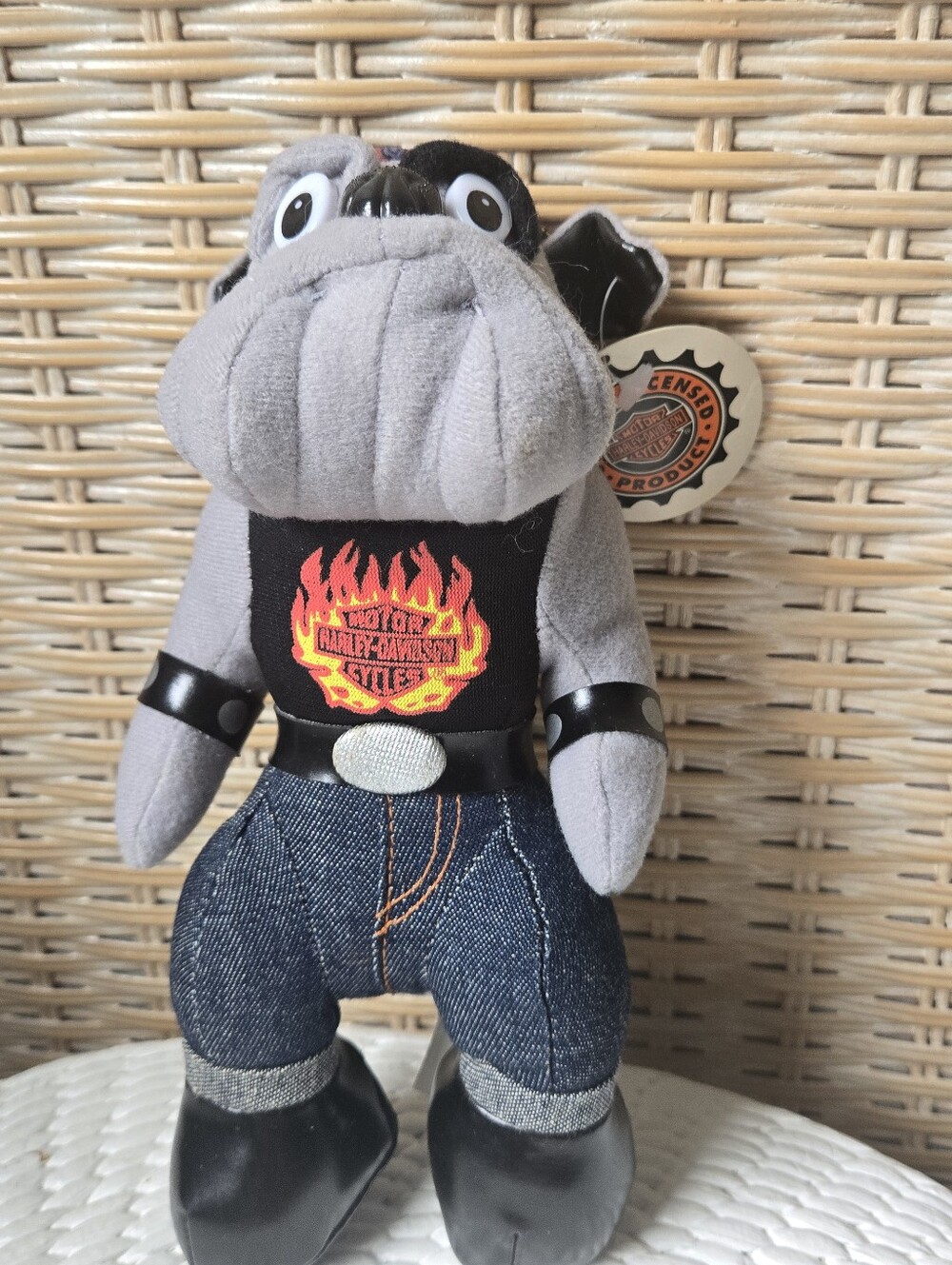 NWT Harley-Davidson Grey Plush Bulldog with Black Flame Vest Vintage 1998